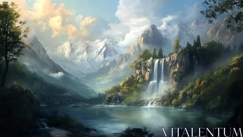 Sunlit alpine waterfall cascades into a tranquil mountain lake