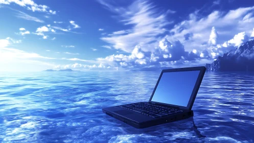 Laptop computer rests partially submerged in bright open ocean