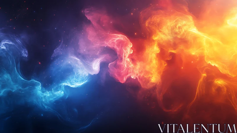 Nebular blue and orange energy clouds in cosmic collision.