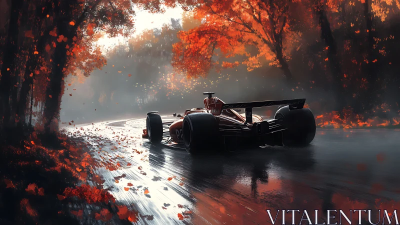 Formula car races through rain-soaked autumn forest curve.