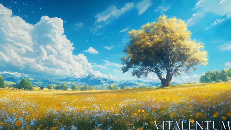 Golden meadow tree basks beneath towering summer clouds