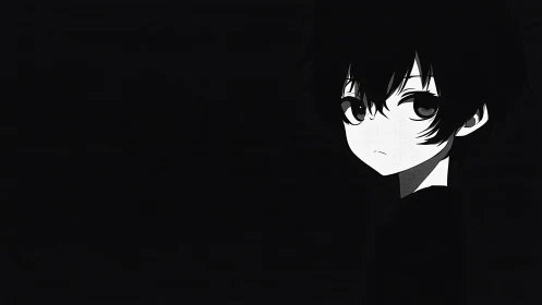Monochrome anime boy gazes into deep negative space.