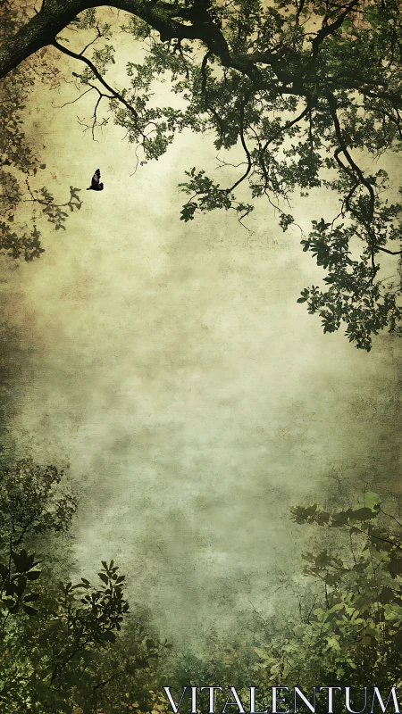 Textured canopy silhouette with solitary bird in vertical frame.