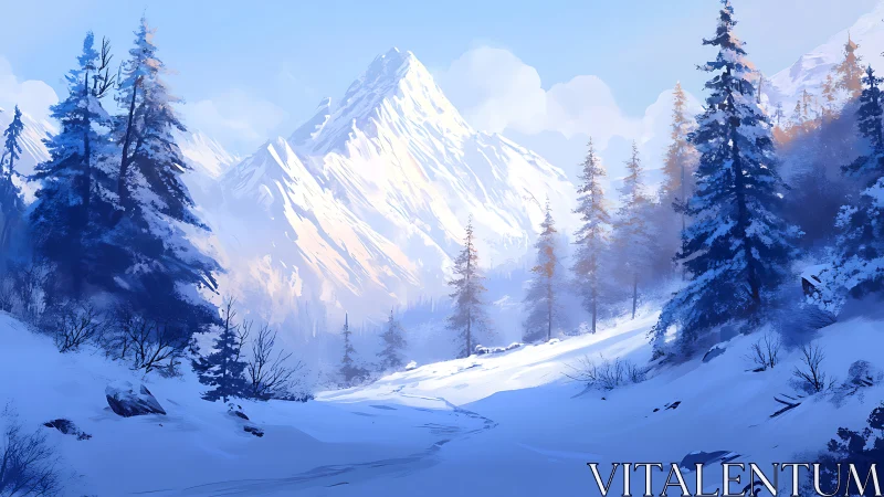 Snowy evergreen forest below bright winter mountainscape.
