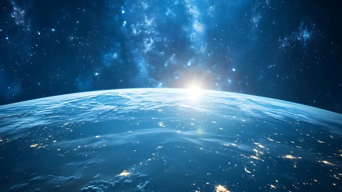 Sunrise over Earth horizon in deep blue outer space.