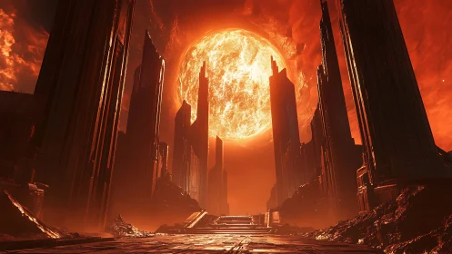 Crimson sun gateway above a towering alien citadel.