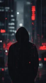 Hooded phantom strolling through neon rain-soaked data night.
