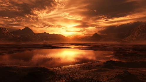 Alien desert lake under blazing orange sunset sky.