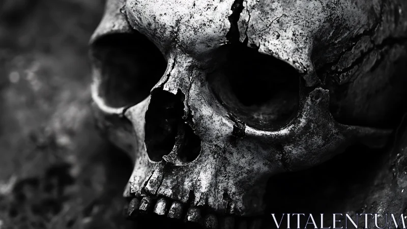 Degraded human skull macro with high-contrast erosion patterns visible