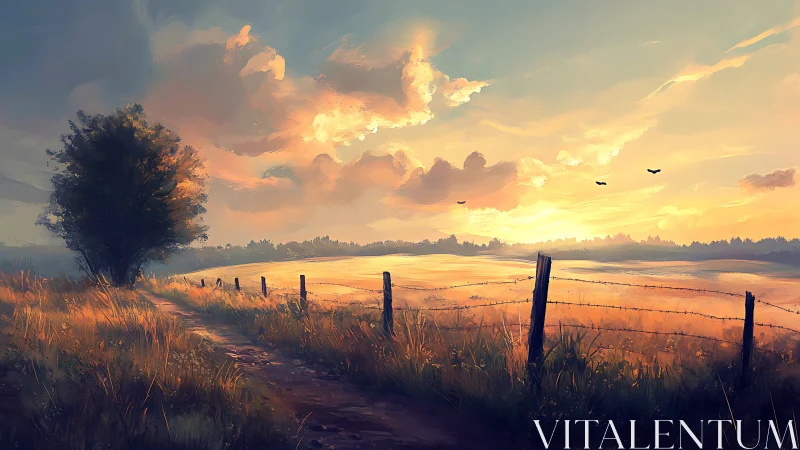 Sunlit rural dirt road beside barbed wire pasture at dusk