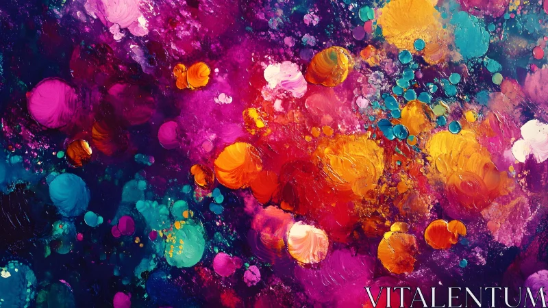 Vibrant abstract painting with colorful swirling paint splashes.