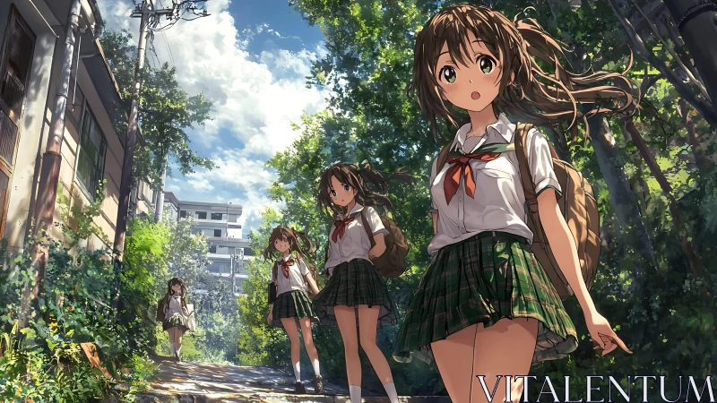 Anime schoolgirls on sunlit urban hillside path with foliage