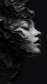 Dreamlike sculpted profile drifts in flowing monochrome silence