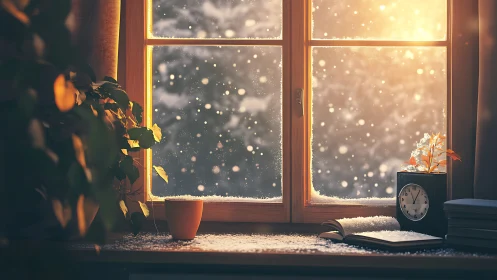 Warm interior still life contrasts with softly lit winter snowfall
