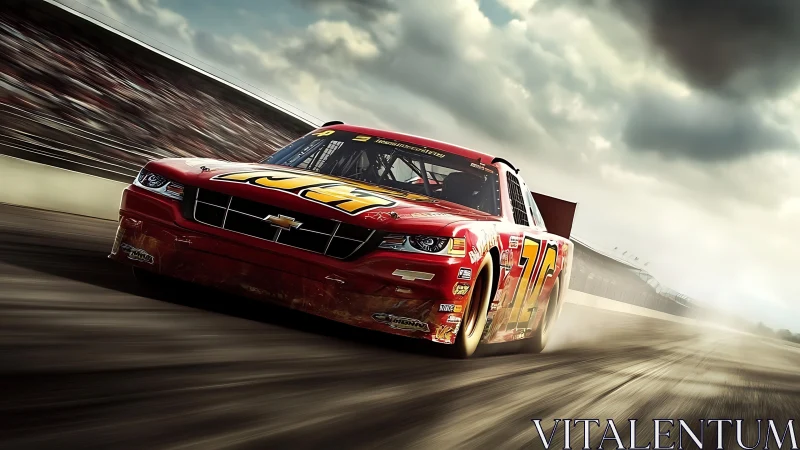 Red stock race car charging down speedway track fast.