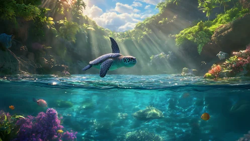 Sunlit sea turtle glides between jungle sky and coral dreams