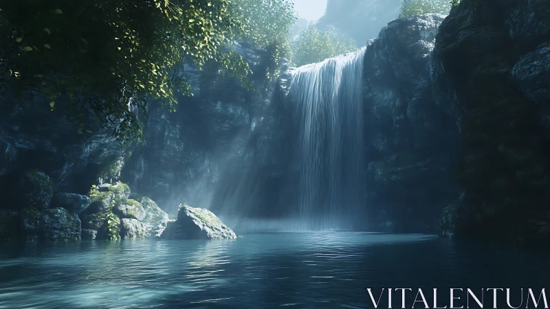 Peaceful waterfall cove glowing with soft forest light.