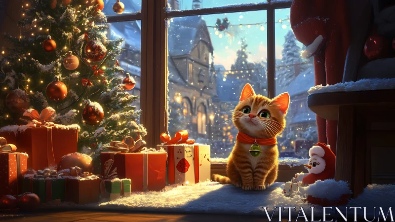 Festive ginger kitten with gifts beside illuminated tree.