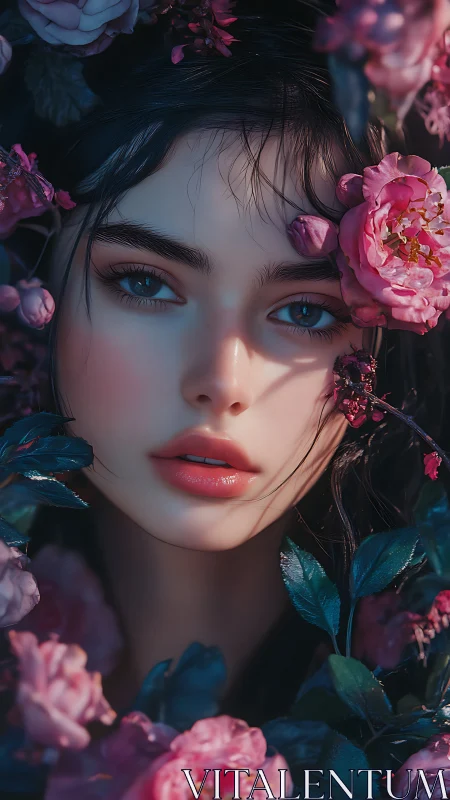 Woman’s stylized face framed by vivid pink garden roses.