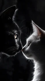 Two cats positioned face-to-face against dark background showing tonal contrast.