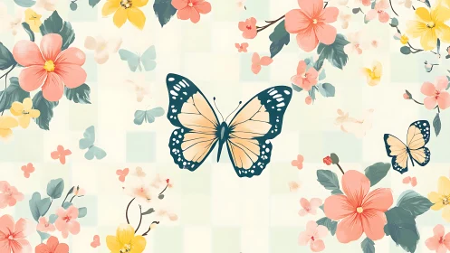 Butterflies with pastel florals on soft checkered ground.