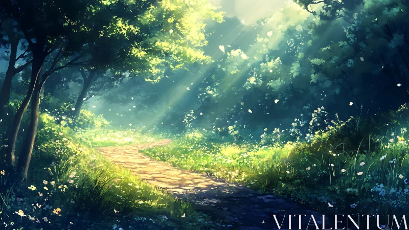 Enchanted forest path bathed in ethereal golden sunlight.
