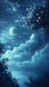 Nocturnal crescent over luminous clouds and shoreline foliage.