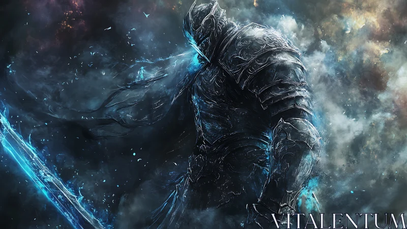 Armored spectral warrior stands in swirling blue cosmic mist