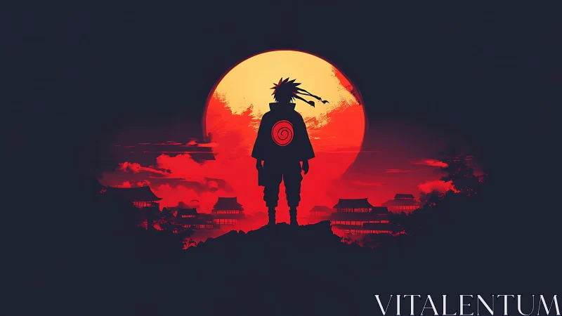 Silhouetted ninja watches a blazing red sun over neon village
