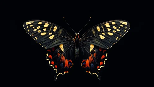 Swallowtail butterfly macro on black with vivid pattern.