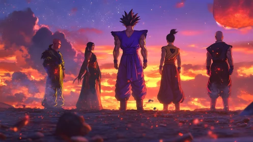Warriors stand united before a blazing apocalyptic sunset.