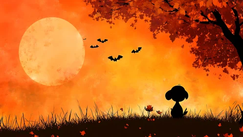 Silhouetted puppy watching bats under orange autumn sunset