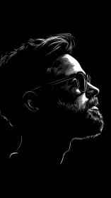 Monochrome side profile of bearded man in sunglasses.