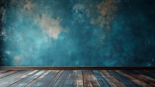 Weathered blue textured wall with rustic wooden floor surface.