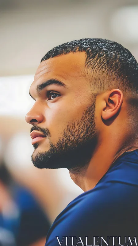 Profile view shows young man seated indoors in soft focus