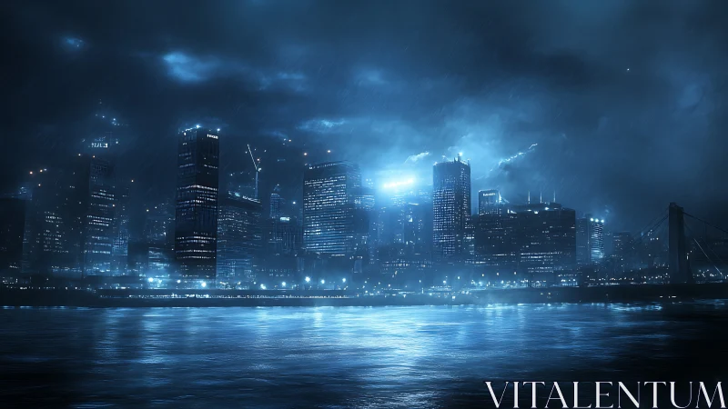 Nocturnal rain-soaked megacity skyline with neon blue haze