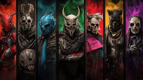 Colorful masked rogues gathered in a bold, dramatic lineup.