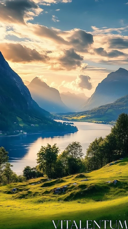 Sunlit valley leans into a luminous river between blue peaks