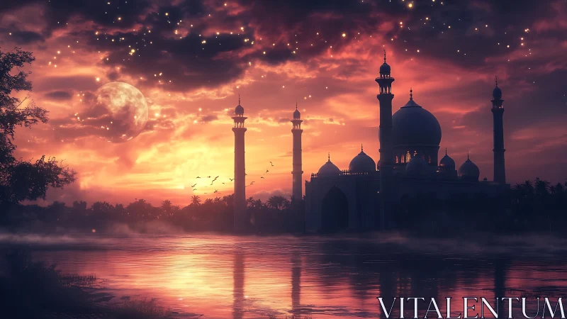 Majestic riverside mosque under luminous twilight sky.