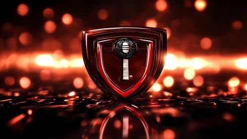 Glowing red security shield emblem floats in fiery bokeh haze.
