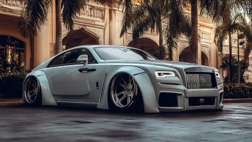 Stanced luxury coupe dominates palatial palm courtyard scene.
