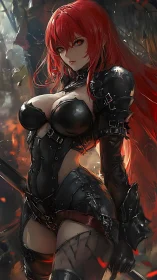 Red‑haired warrior stands in smoldering, war‑torn ruins