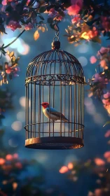 Caged songbird under dusk light amid soft blooming bokeh.