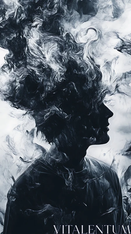 Silhouette portrait dissolving into swirling smoke forms.