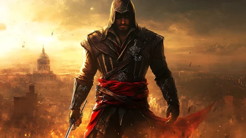 Hooded duskblade strides through a burning empire skyline.