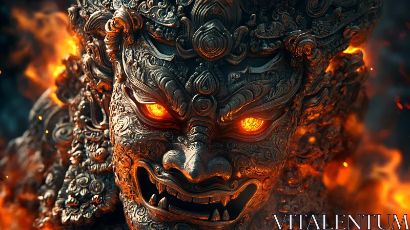 Demonic fire deity bust with molten eyes and carved metal armor.