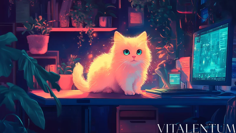 Glowing fluffy desk cat brightening a cozy neon studio.