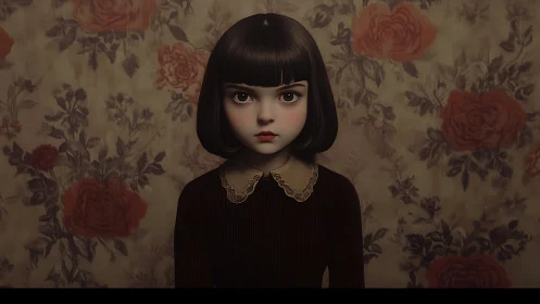 Brooding child portrait against faded floral wallpaper backdrop.