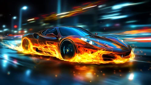 Nightfire supercar streaking through neon drenched city streets.