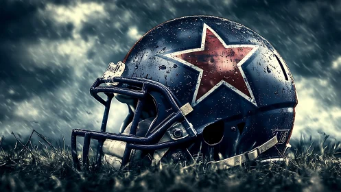Storm-soaked football helmet crowned with a crimson star.